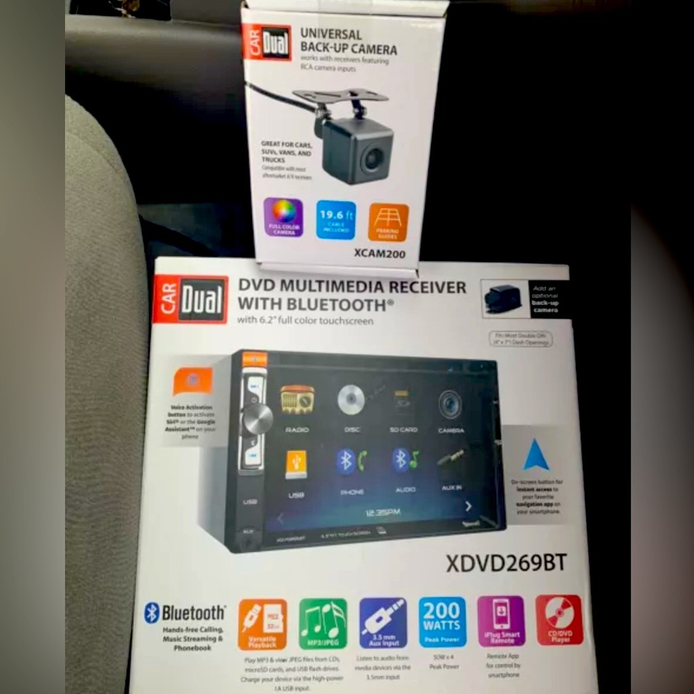 CarDual XDVD269BT Receiver 6.2” all color touchscreen & XCAM200 - NEW IN BOX!